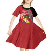 Personalised Tonga Language Week Kid Short Sleeve Dress Malo e Lelei Tongan Ngatu Pattern - Red LT14 - Polynesian Pride