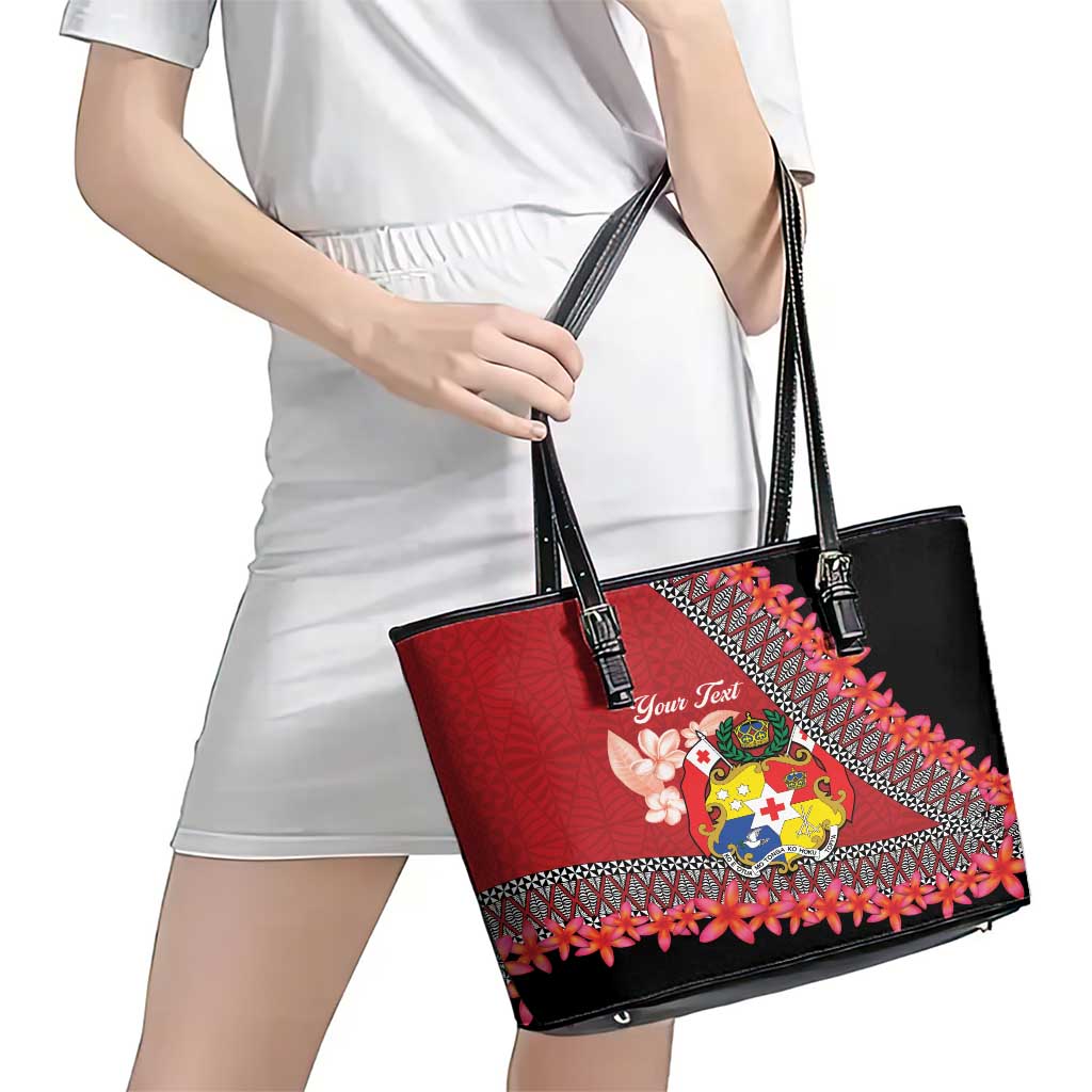 Personalised Tonga Language Week Leather Tote Bag Malo e Lelei Tongan Ngatu Pattern - Red
