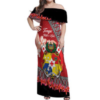 Personalised Tonga Language Week Off Shoulder Maxi Dress Malo e Lelei Tongan Ngatu Pattern - Red LT14 Women Red - Polynesian Pride