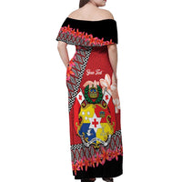 Personalised Tonga Language Week Off Shoulder Maxi Dress Malo e Lelei Tongan Ngatu Pattern - Red LT14 - Polynesian Pride
