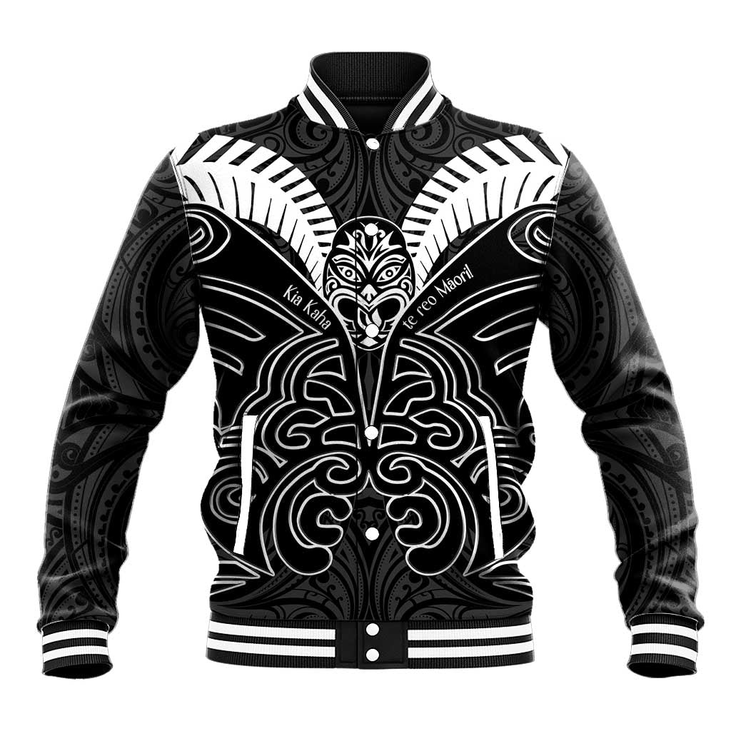 Kia Kaha Te Reo Maori Baseball Jacket Aotearoa Hei Tiki With Hongi LT14 Unisex Black - Polynesian Pride