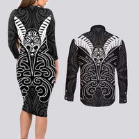 Kia Kaha Te Reo Maori Couples Matching Long Sleeve Bodycon Dress and Long Sleeve Button Shirt Aotearoa Hei Tiki With Hongi LT14 - Polynesian Pride