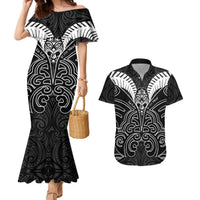 Kia Kaha Te Reo Maori Couples Matching Mermaid Dress and Hawaiian Shirt Aotearoa Hei Tiki With Hongi LT14 Black - Polynesian Pride