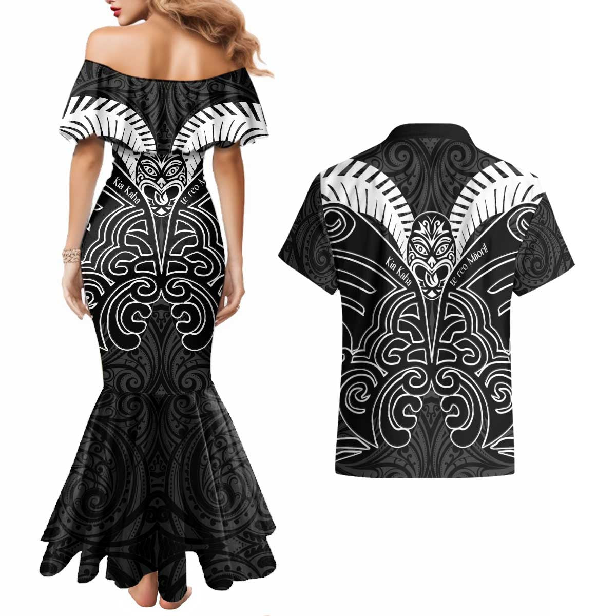 Kia Kaha Te Reo Maori Couples Matching Mermaid Dress and Hawaiian Shirt Aotearoa Hei Tiki With Hongi LT14 - Polynesian Pride