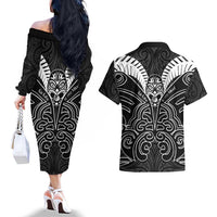 Kia Kaha Te Reo Maori Couples Matching Off The Shoulder Long Sleeve Dress and Hawaiian Shirt Aotearoa Hei Tiki With Hongi LT14 - Polynesian Pride