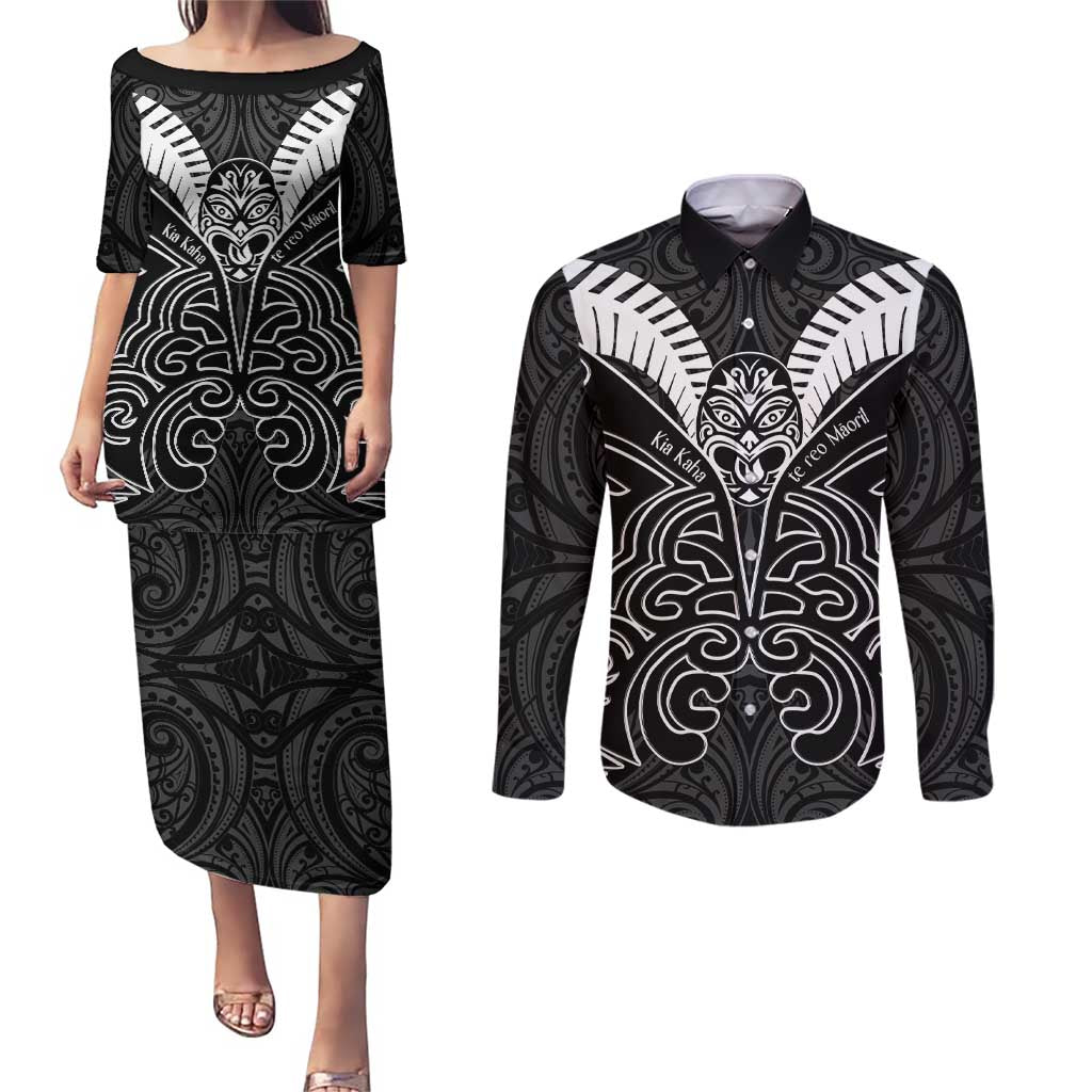 Kia Kaha Te Reo Maori Couples Matching Puletasi and Long Sleeve Button Shirt Aotearoa Hei Tiki With Hongi LT14 Black - Polynesian Pride