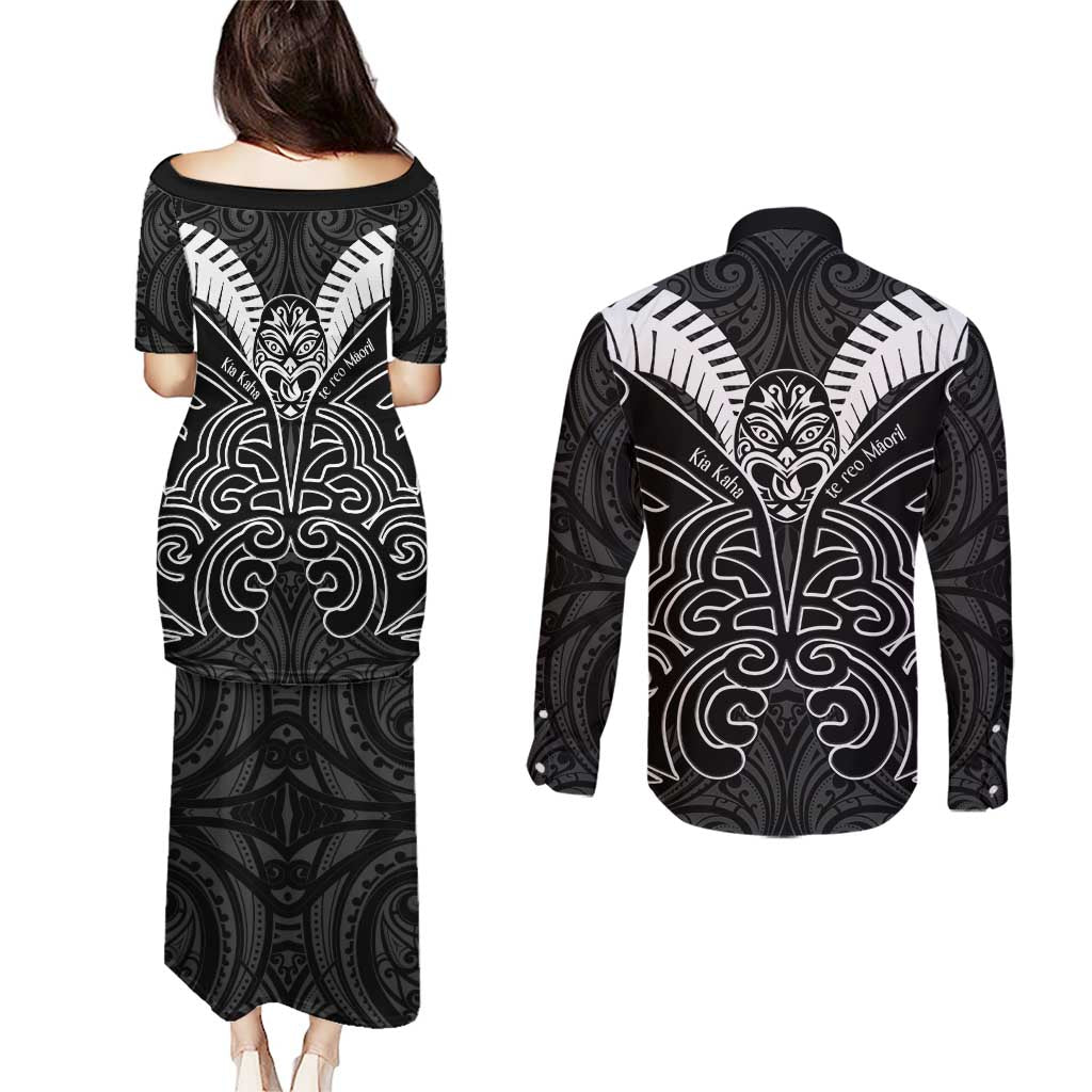 Kia Kaha Te Reo Maori Couples Matching Puletasi and Long Sleeve Button Shirt Aotearoa Hei Tiki With Hongi LT14 - Polynesian Pride