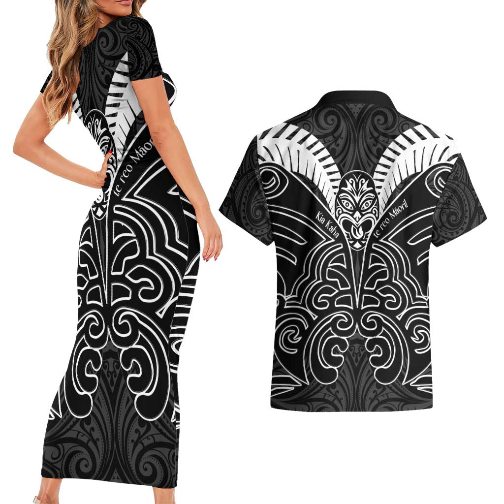 Kia Kaha Te Reo Maori Couples Matching Short Sleeve Bodycon Dress and Hawaiian Shirt Aotearoa Hei Tiki With Hongi LT14 - Polynesian Pride