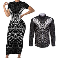 Kia Kaha Te Reo Maori Couples Matching Short Sleeve Bodycon Dress and Long Sleeve Button Shirt Aotearoa Hei Tiki With Hongi LT14 Black - Polynesian Pride