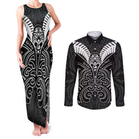 Kia Kaha Te Reo Maori Couples Matching Tank Maxi Dress and Long Sleeve Button Shirt Aotearoa Hei Tiki With Hongi LT14 Black - Polynesian Pride