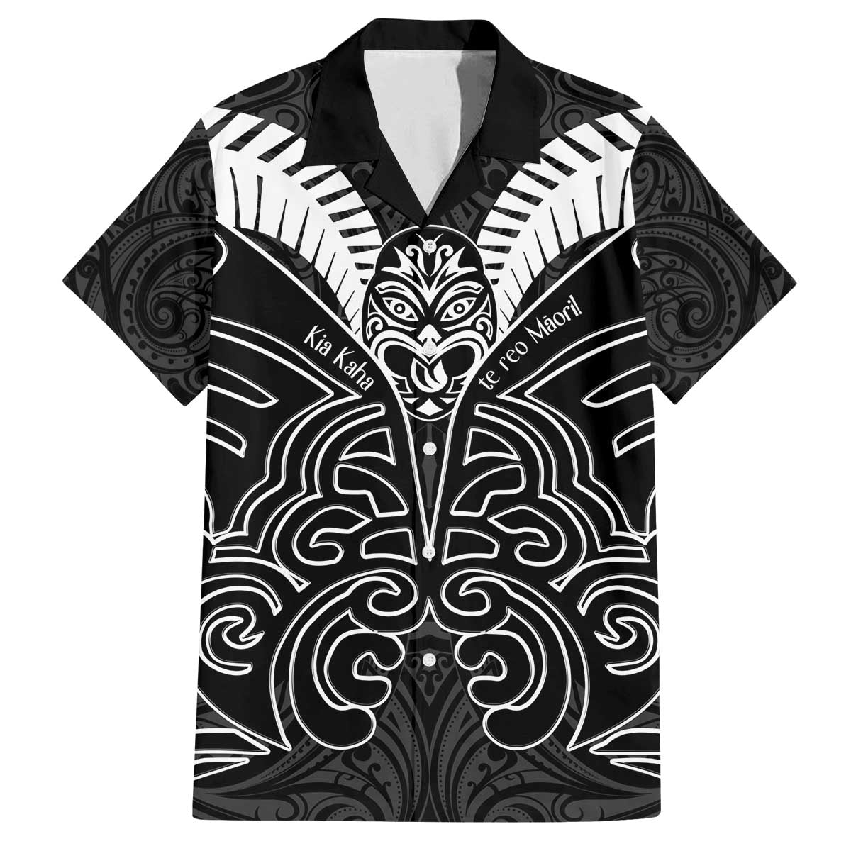 Kia Kaha Te Reo Maori Family Matching Off The Shoulder Long Sleeve Dress and Hawaiian Shirt Aotearoa Hei Tiki With Hongi LT14 Dad's Shirt - Short Sleeve Black - Polynesian Pride