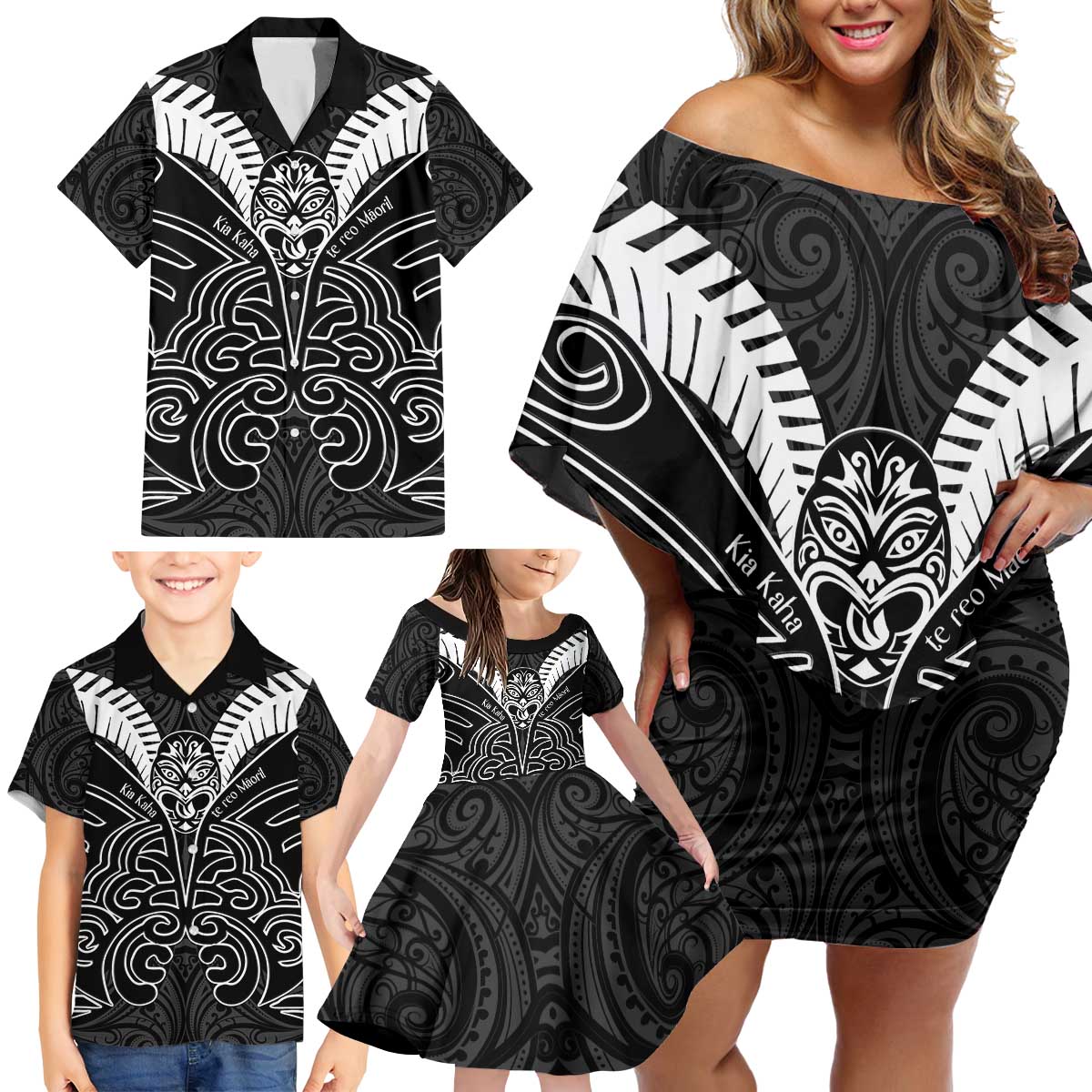 Kia Kaha Te Reo Maori Family Matching Off Shoulder Short Dress and Hawaiian Shirt Aotearoa Hei Tiki With Hongi LT14 - Polynesian Pride