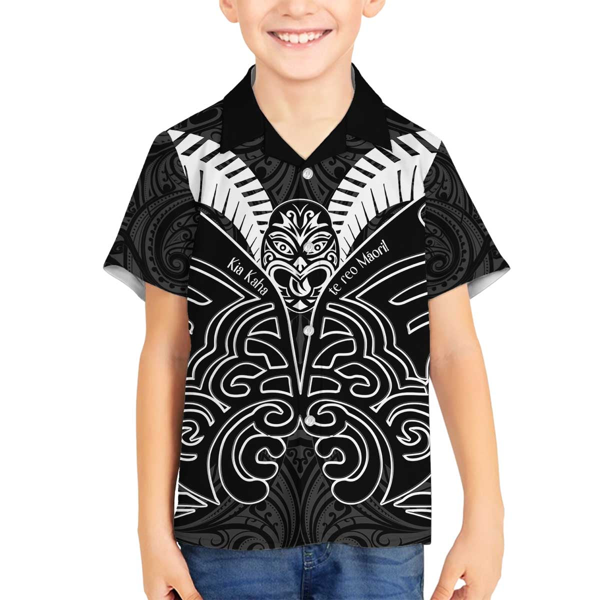 Kia Kaha Te Reo Maori Family Matching Puletasi and Hawaiian Shirt Aotearoa Hei Tiki With Hongi LT14 Son's Shirt Black - Polynesian Pride