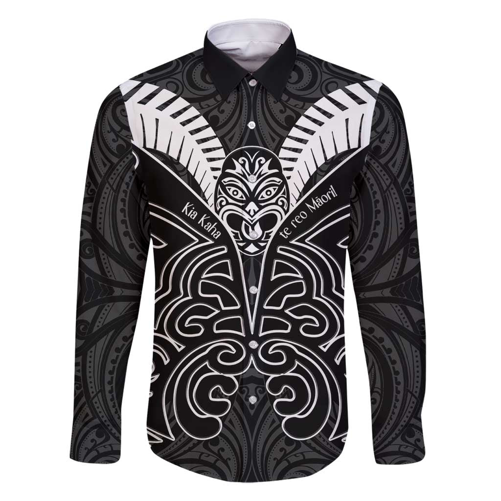 Kia Kaha Te Reo Maori Family Matching Tank Maxi Dress and Hawaiian Shirt Aotearoa Hei Tiki With Hongi LT14 Dad's Shirt - Long Sleeve Black - Polynesian Pride