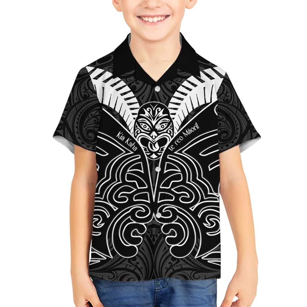 Kia Kaha Te Reo Maori Family Matching Tank Maxi Dress and Hawaiian Shirt Aotearoa Hei Tiki With Hongi LT14 Son's Shirt Black - Polynesian Pride