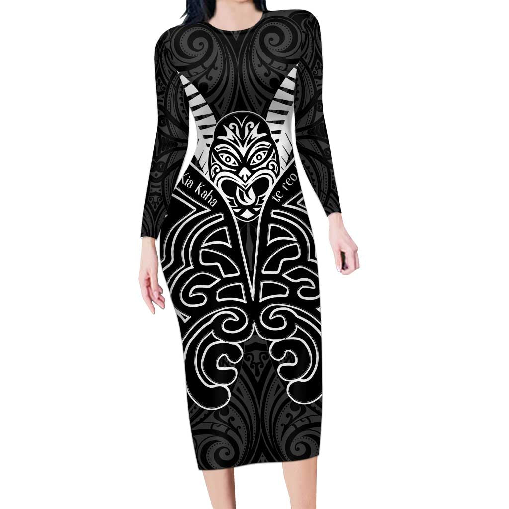Kia Kaha Te Reo Maori Long Sleeve Bodycon Dress Aotearoa Hei Tiki With Hongi LT14 Long Dress Black - Polynesian Pride