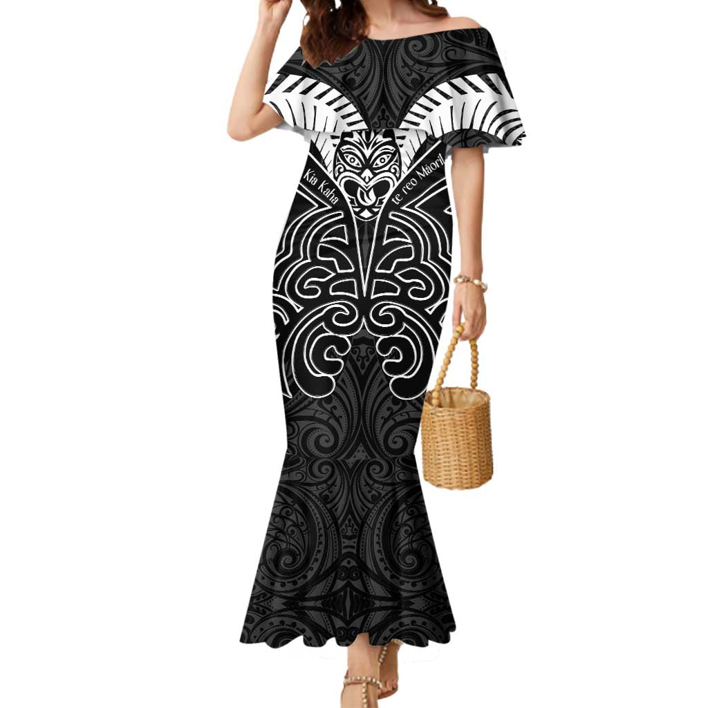 Kia Kaha Te Reo Maori Mermaid Dress Aotearoa Hei Tiki With Hongi LT14 Women Black - Polynesian Pride