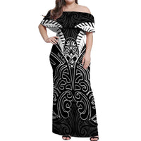Kia Kaha Te Reo Maori Off Shoulder Maxi Dress Aotearoa Hei Tiki With Hongi LT14 Women Black - Polynesian Pride