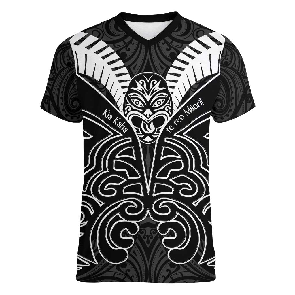 Kia Kaha Te Reo Maori Women V-Neck T-Shirt Aotearoa Hei Tiki With Hongi LT14 Female Black - Polynesian Pride