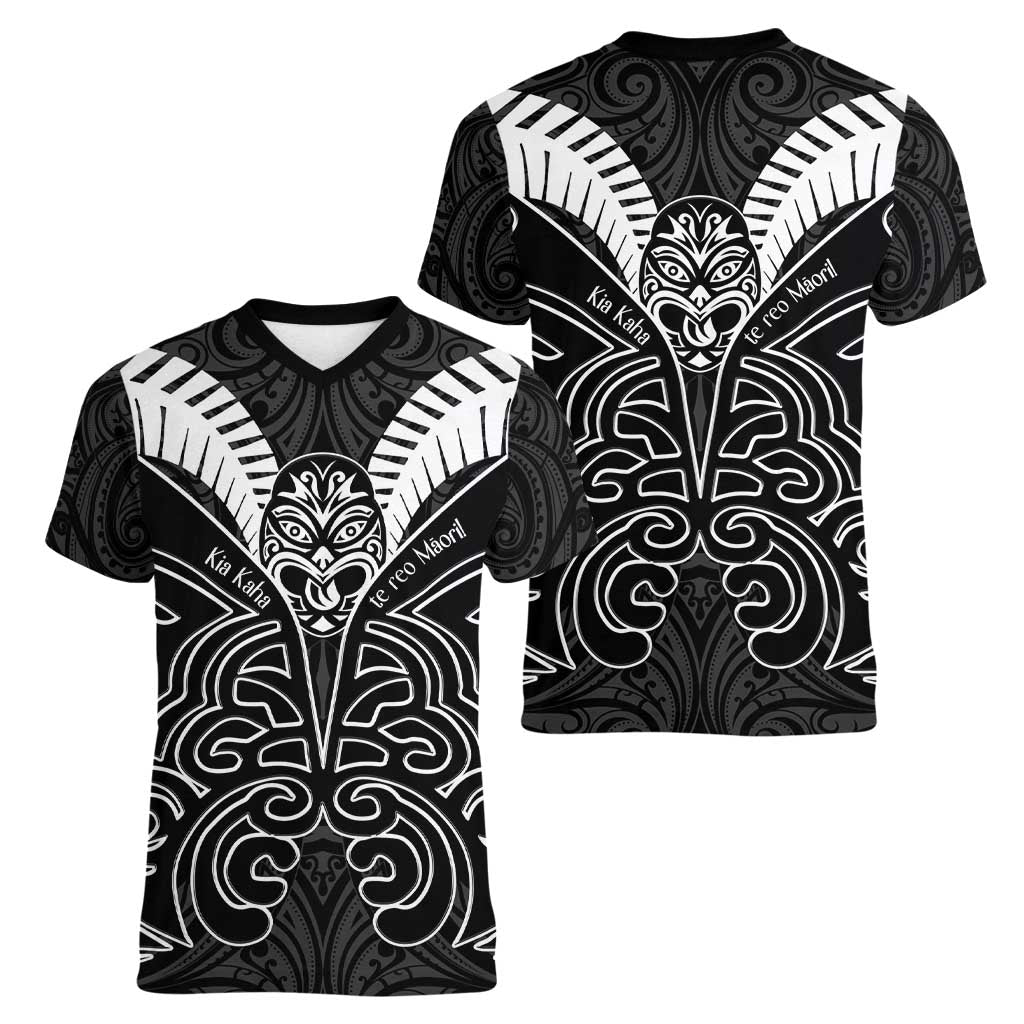 Kia Kaha Te Reo Maori Women V-Neck T-Shirt Aotearoa Hei Tiki With Hongi LT14 - Polynesian Pride