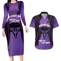 Personalised New Zealand Suffrage Day Couples Matching Long Sleeve Bodycon Dress and Hawaiian Shirt Maori Tattoo Galaxy Vibe LT14 Purple - Polynesian Pride