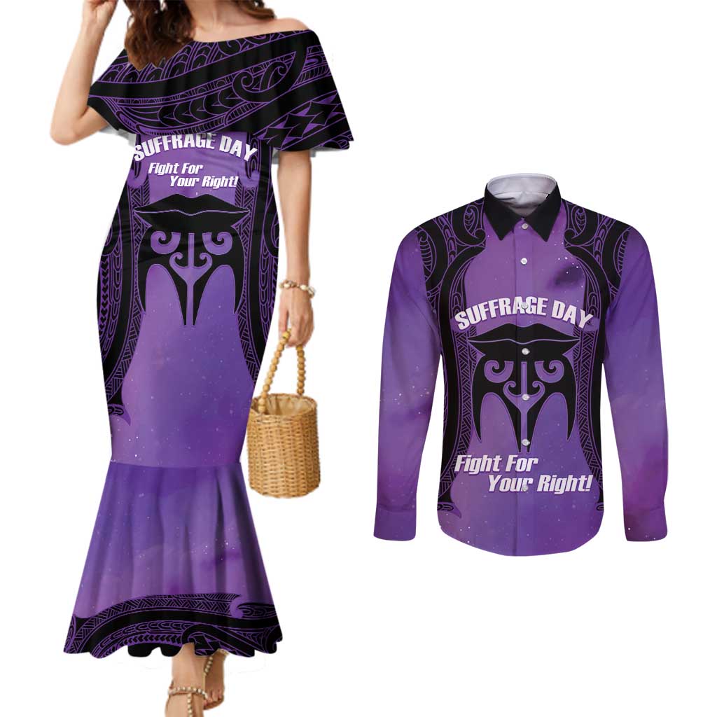 Personalised New Zealand Suffrage Day Couples Matching Mermaid Dress and Long Sleeve Button Shirt Maori Tattoo Galaxy Vibe LT14 Purple - Polynesian Pride