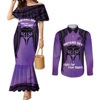 Personalised New Zealand Suffrage Day Couples Matching Mermaid Dress and Long Sleeve Button Shirt Maori Tattoo Galaxy Vibe LT14 Purple - Polynesian Pride