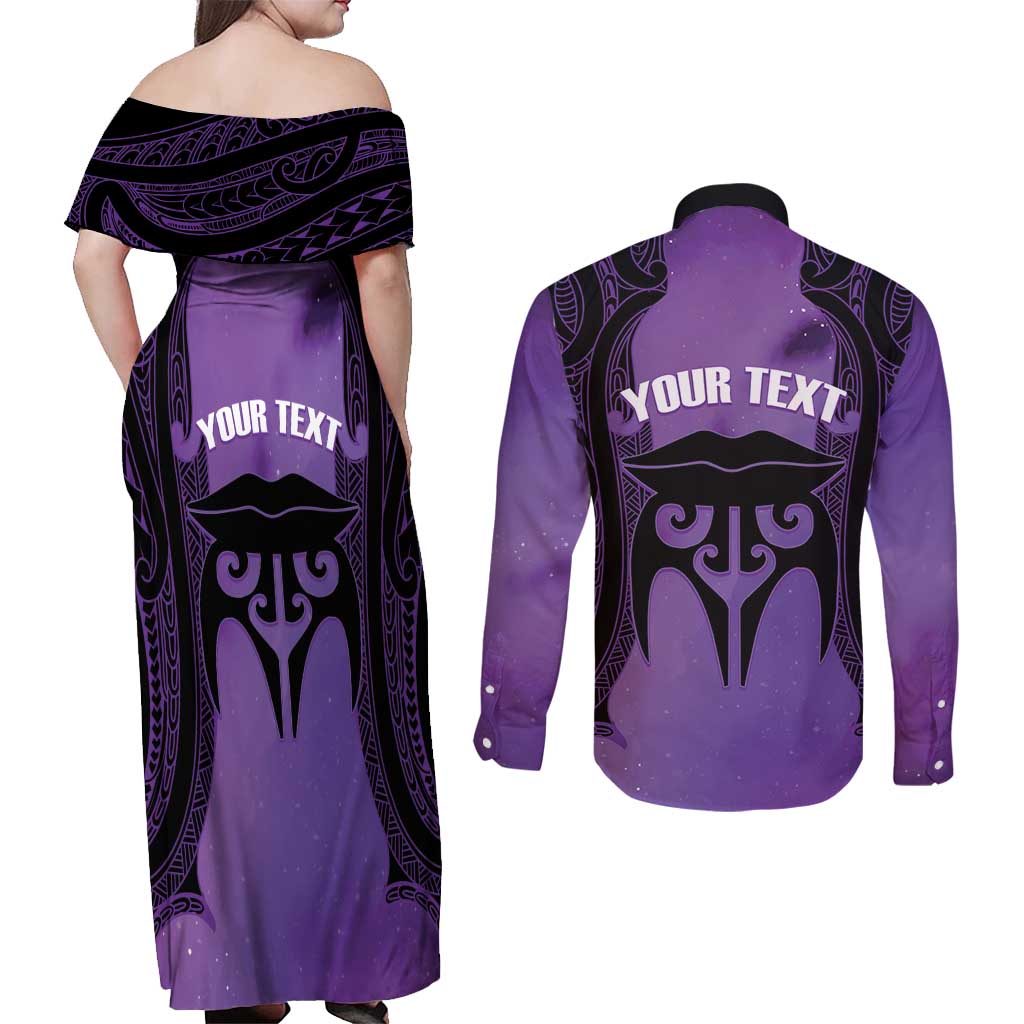 Personalised New Zealand Suffrage Day Couples Matching Off Shoulder Maxi Dress and Long Sleeve Button Shirt Maori Tattoo Galaxy Vibe LT14 - Polynesian Pride