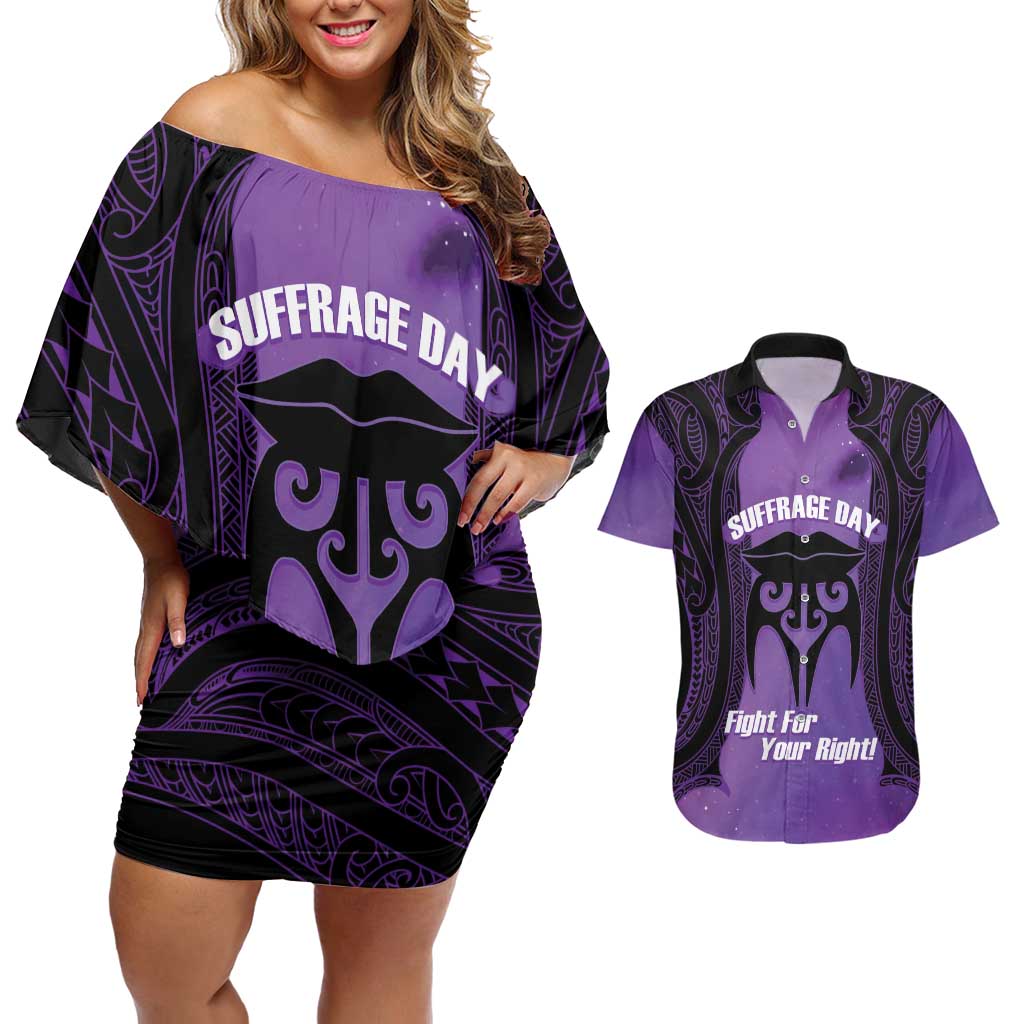 Personalised New Zealand Suffrage Day Couples Matching Off Shoulder Short Dress and Hawaiian Shirt Maori Tattoo Galaxy Vibe LT14 Purple - Polynesian Pride