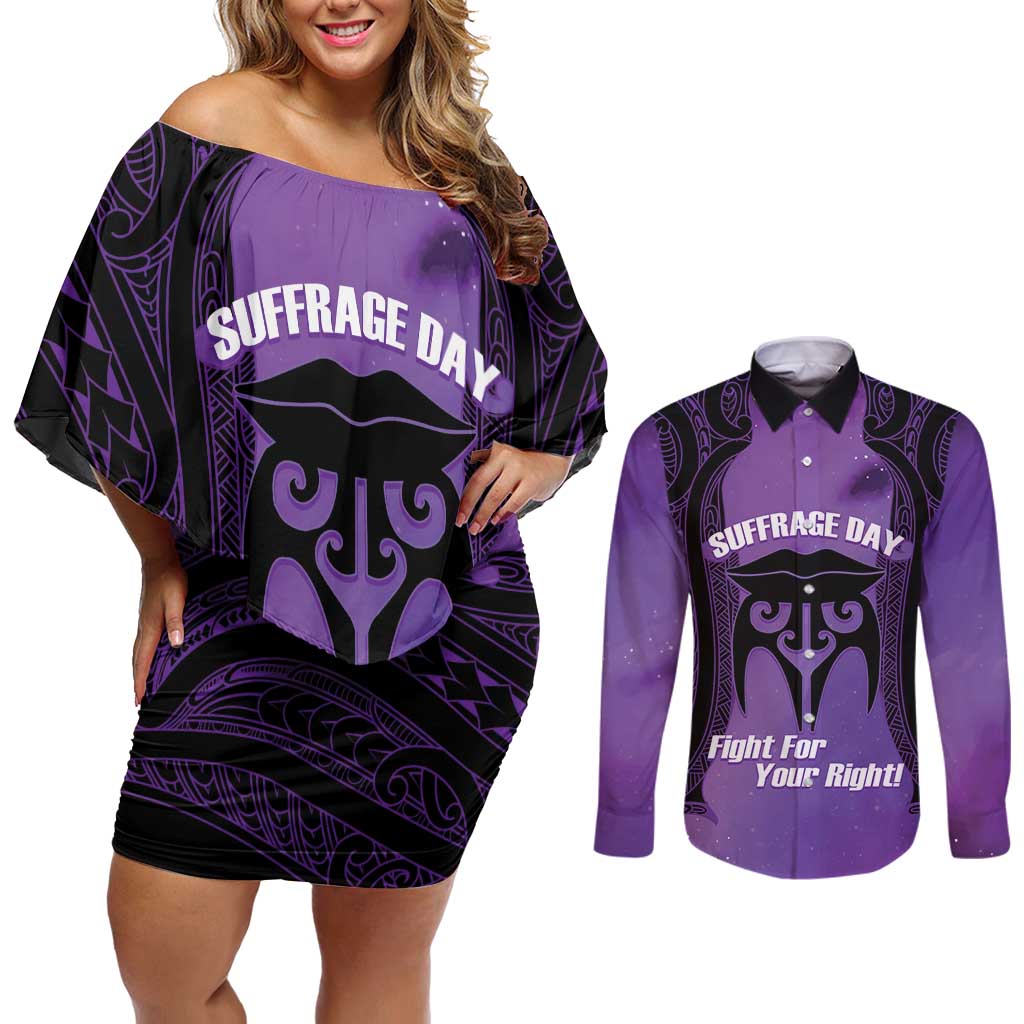 Personalised New Zealand Suffrage Day Couples Matching Off Shoulder Short Dress and Long Sleeve Button Shirt Maori Tattoo Galaxy Vibe LT14 Purple - Polynesian Pride
