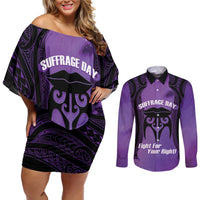 Personalised New Zealand Suffrage Day Couples Matching Off Shoulder Short Dress and Long Sleeve Button Shirt Maori Tattoo Galaxy Vibe LT14 Purple - Polynesian Pride