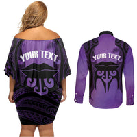 Personalised New Zealand Suffrage Day Couples Matching Off Shoulder Short Dress and Long Sleeve Button Shirt Maori Tattoo Galaxy Vibe LT14 - Polynesian Pride