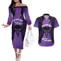 Personalised New Zealand Suffrage Day Couples Matching Off The Shoulder Long Sleeve Dress and Hawaiian Shirt Maori Tattoo Galaxy Vibe LT14 Purple - Polynesian Pride