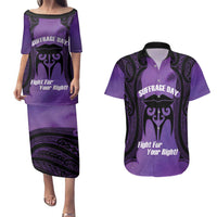 Personalised New Zealand Suffrage Day Couples Matching Puletasi and Hawaiian Shirt Maori Tattoo Galaxy Vibe LT14 Purple - Polynesian Pride