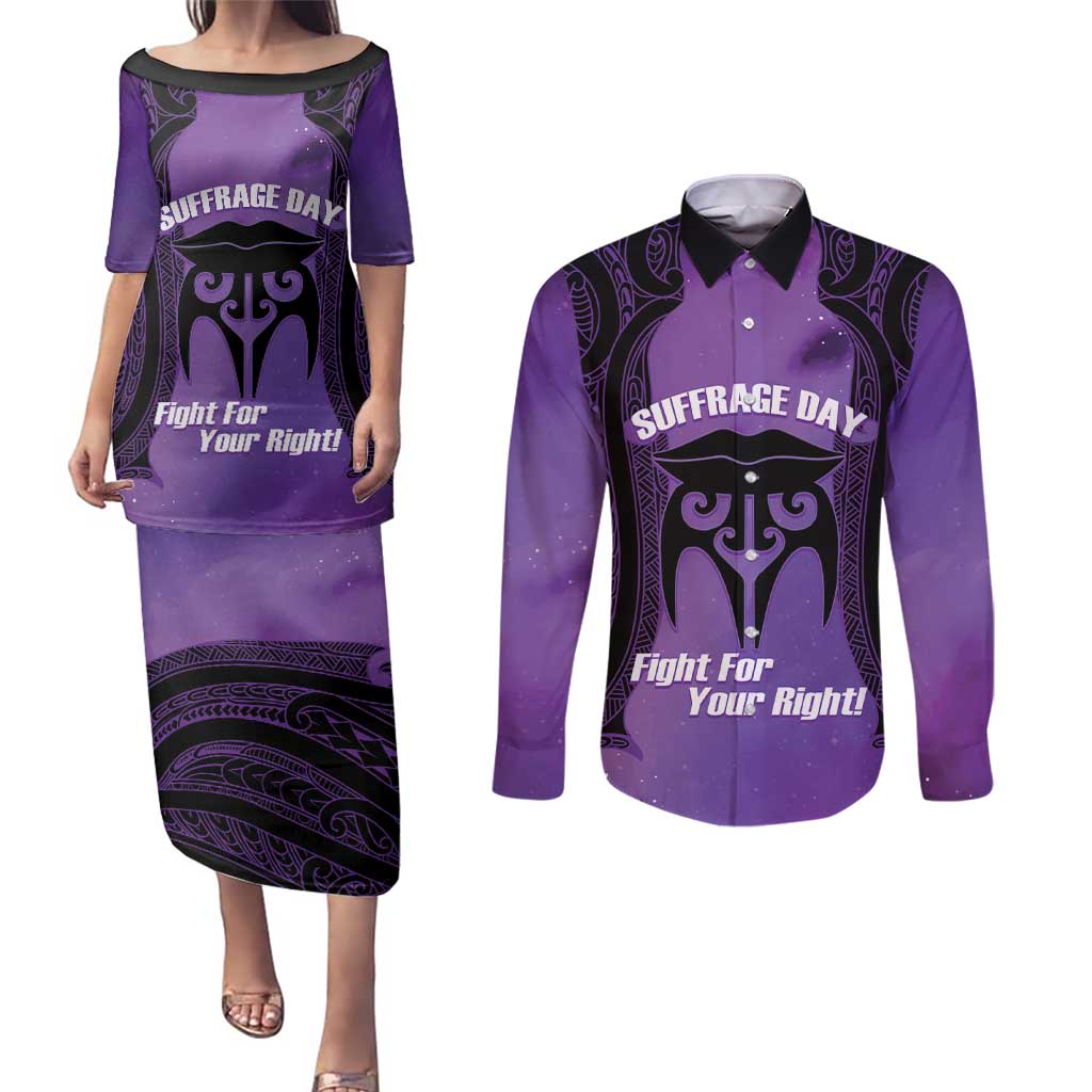 Personalised New Zealand Suffrage Day Couples Matching Puletasi and Long Sleeve Button Shirt Maori Tattoo Galaxy Vibe LT14 Purple - Polynesian Pride