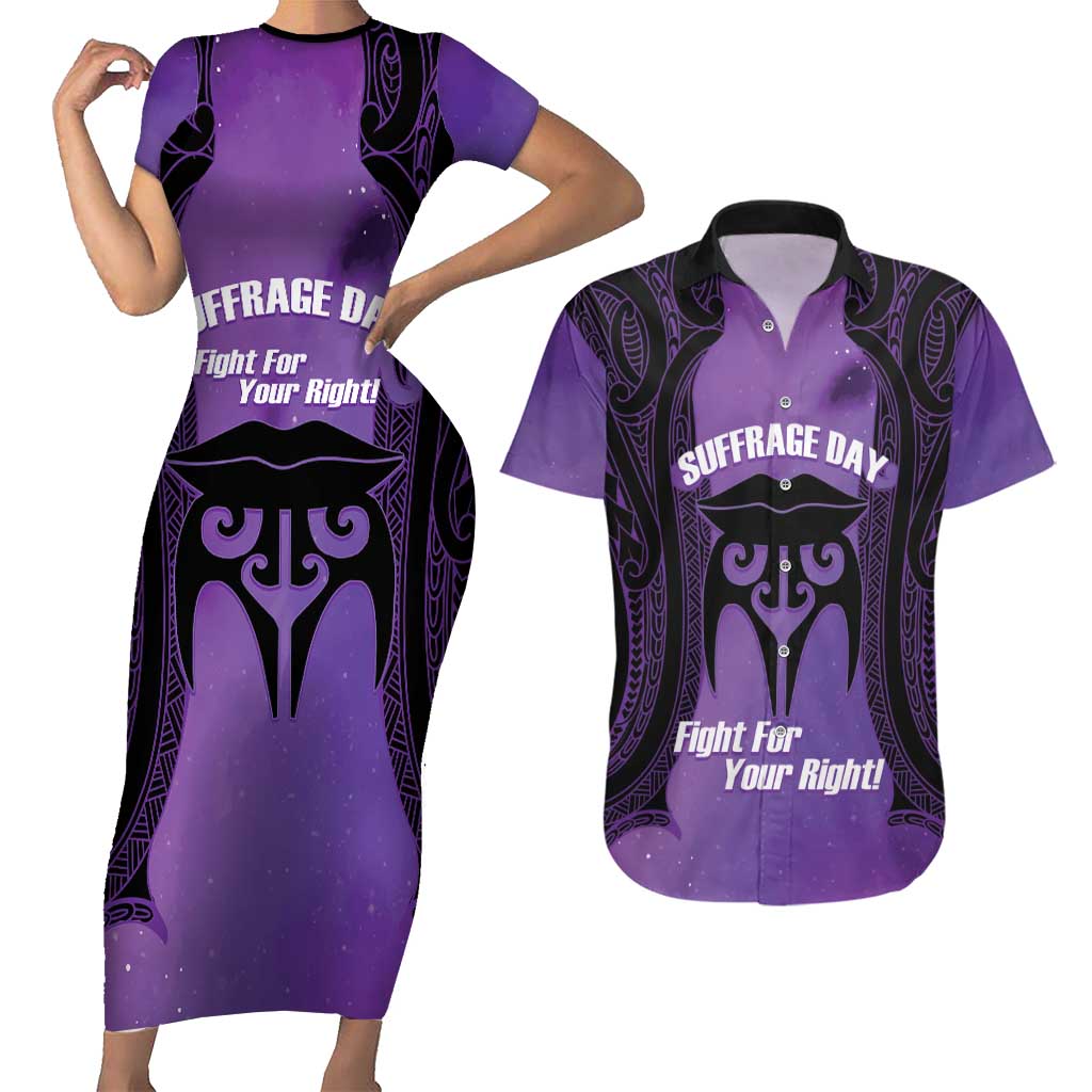 Personalised New Zealand Suffrage Day Couples Matching Short Sleeve Bodycon Dress and Hawaiian Shirt Maori Tattoo Galaxy Vibe - Polynesian Pride
