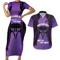 Personalised New Zealand Suffrage Day Couples Matching Short Sleeve Bodycon Dress and Hawaiian Shirt Maori Tattoo Galaxy Vibe LT14 Purple - Polynesian Pride