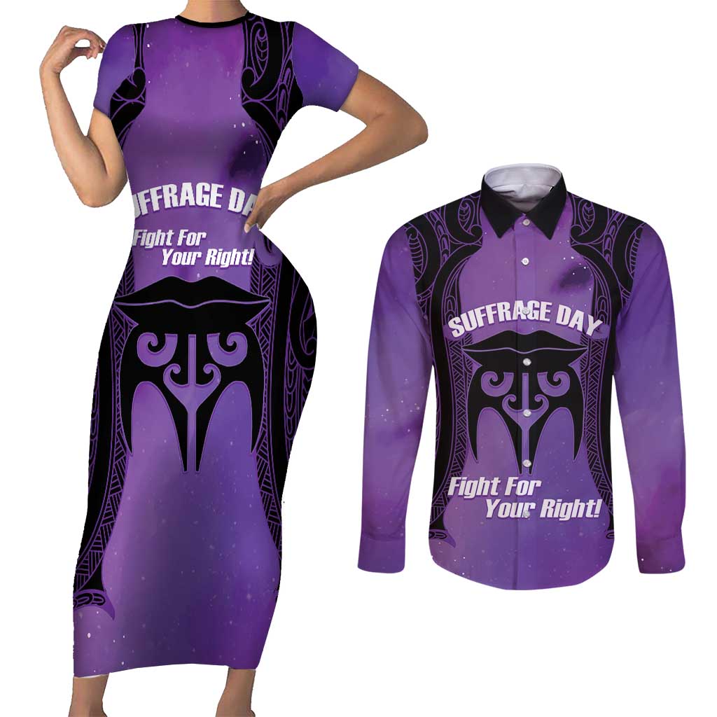 Personalised New Zealand Suffrage Day Couples Matching Short Sleeve Bodycon Dress and Long Sleeve Button Shirt Maori Tattoo Galaxy Vibe LT14 Purple - Polynesian Pride
