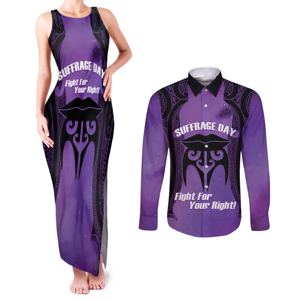 Personalised New Zealand Suffrage Day Couples Matching Tank Maxi Dress and Long Sleeve Button Shirt Maori Tattoo Galaxy Vibe LT14 Purple - Polynesian Pride