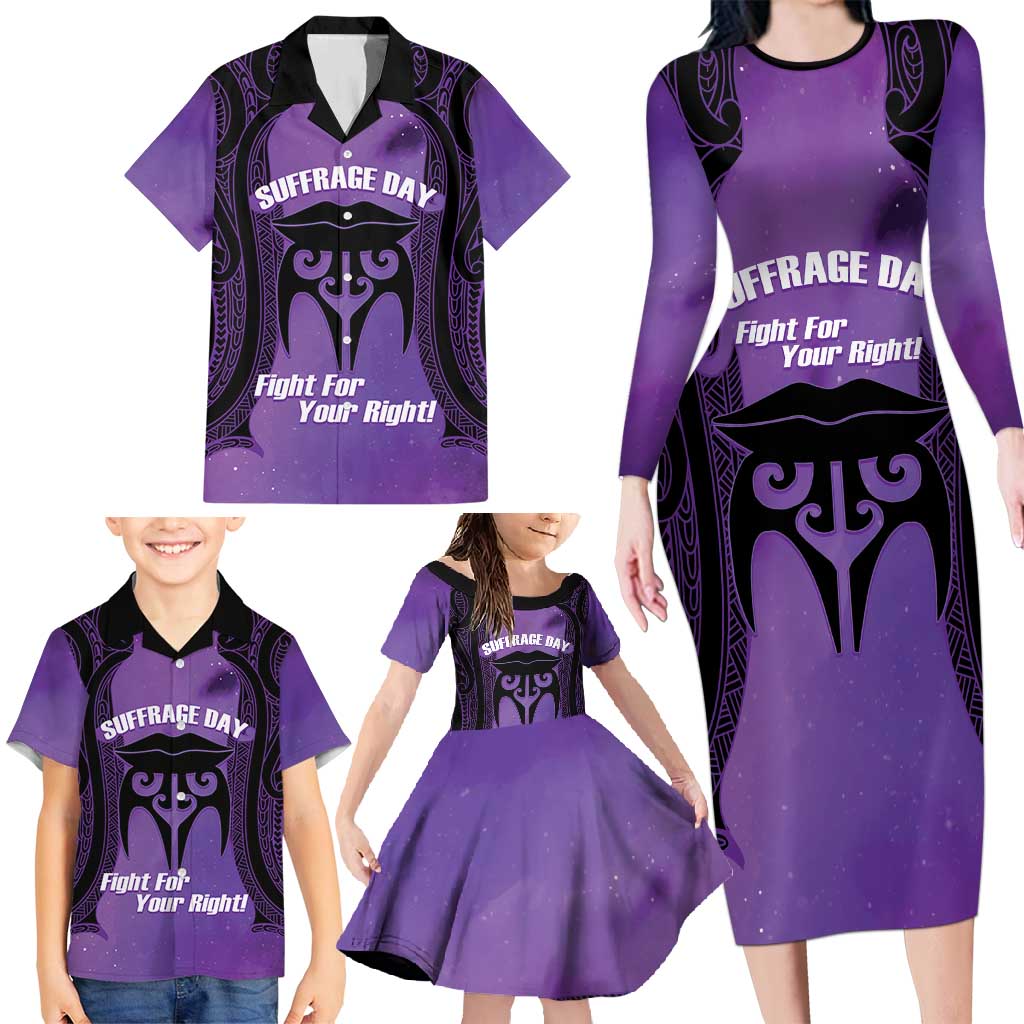 Personalised New Zealand Suffrage Day Family Matching Long Sleeve Bodycon Dress and Hawaiian Shirt Maori Tattoo Galaxy Vibe LT14 - Polynesian Pride