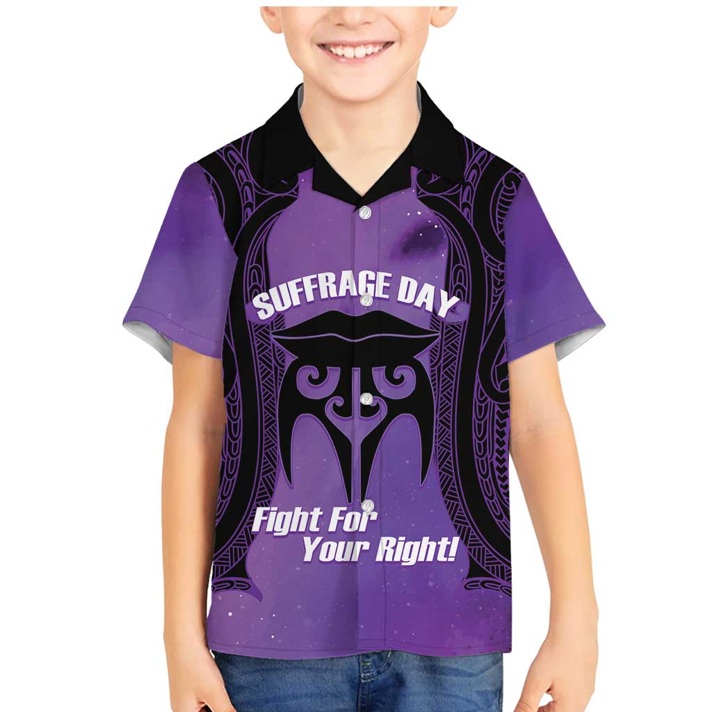 Personalised New Zealand Suffrage Day Family Matching Mermaid Dress and Hawaiian Shirt Maori Tattoo Galaxy Vibe LT14 Son's Shirt Purple - Polynesian Pride