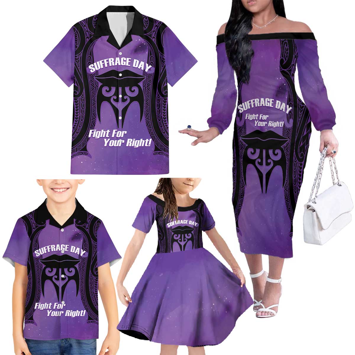 Personalised New Zealand Suffrage Day Family Matching Off The Shoulder Long Sleeve Dress and Hawaiian Shirt Maori Tattoo Galaxy Vibe LT14 - Polynesian Pride