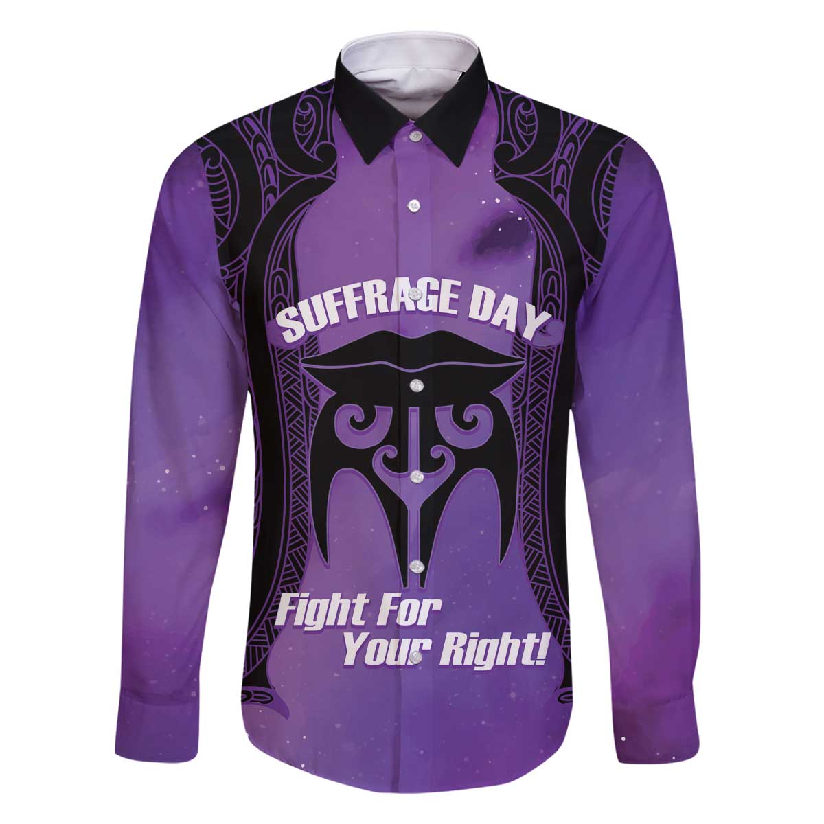 Personalised New Zealand Suffrage Day Family Matching Off The Shoulder Long Sleeve Dress and Hawaiian Shirt Maori Tattoo Galaxy Vibe LT14 Dad's Shirt - Long Sleeve Purple - Polynesian Pride