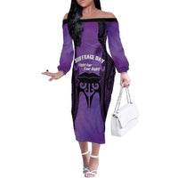 Personalised New Zealand Suffrage Day Family Matching Off The Shoulder Long Sleeve Dress and Hawaiian Shirt Maori Tattoo Galaxy Vibe LT14 Mom's Dress Purple - Polynesian Pride