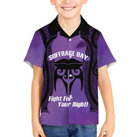 Personalised New Zealand Suffrage Day Family Matching Off The Shoulder Long Sleeve Dress and Hawaiian Shirt Maori Tattoo Galaxy Vibe LT14 Son's Shirt Purple - Polynesian Pride
