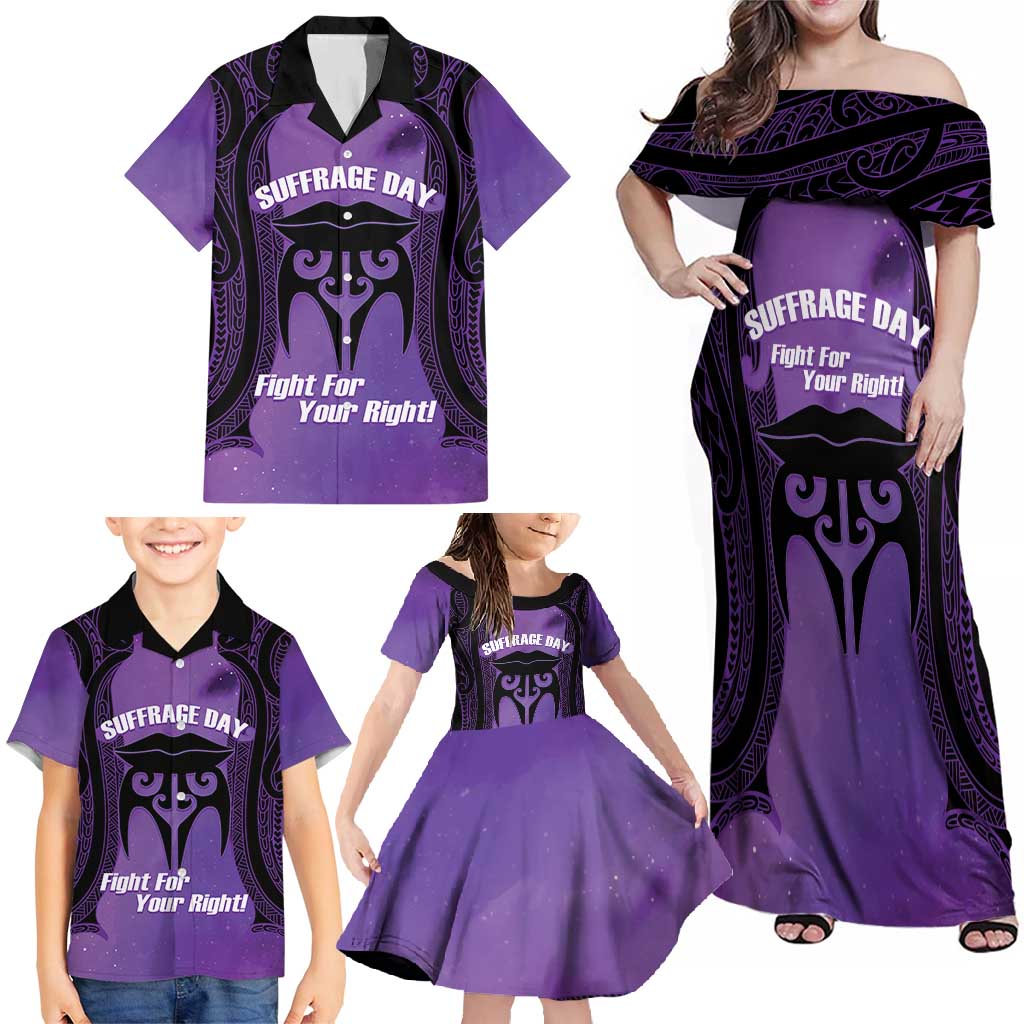 Personalised New Zealand Suffrage Day Family Matching Off Shoulder Maxi Dress and Hawaiian Shirt Maori Tattoo Galaxy Vibe LT14 - Polynesian Pride