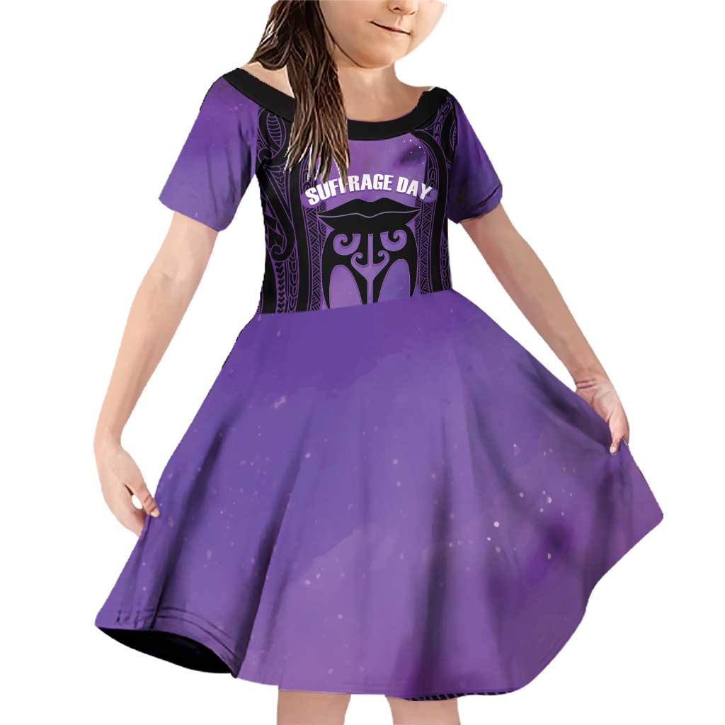 Personalised New Zealand Suffrage Day Family Matching Off Shoulder Short Dress and Hawaiian Shirt Maori Tattoo Galaxy Vibe LT14 Daughter's Dress Purple - Polynesian Pride
