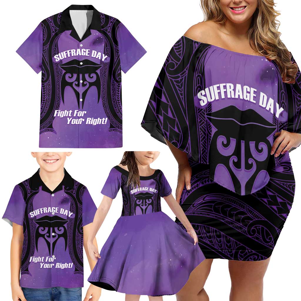 Personalised New Zealand Suffrage Day Family Matching Off Shoulder Short Dress and Hawaiian Shirt Maori Tattoo Galaxy Vibe LT14 - Polynesian Pride