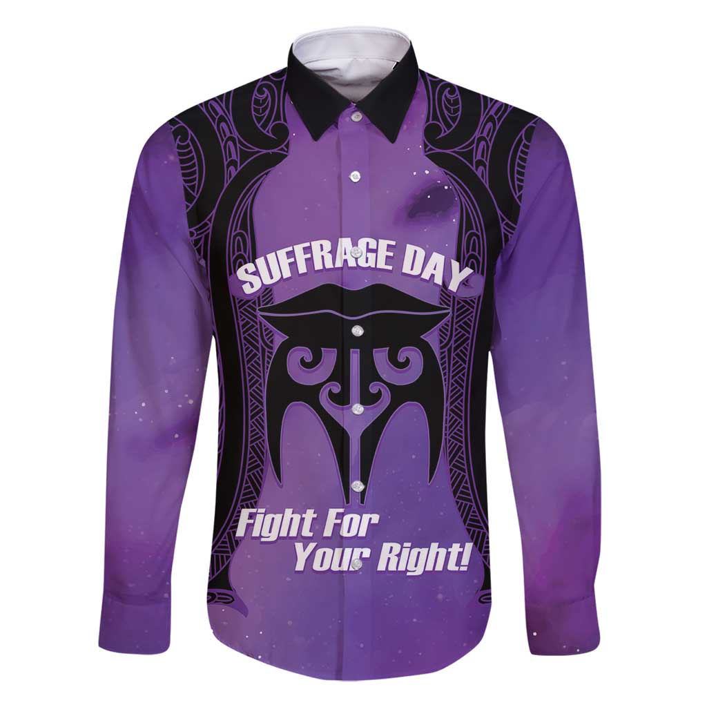 Personalised New Zealand Suffrage Day Family Matching Off Shoulder Short Dress and Hawaiian Shirt Maori Tattoo Galaxy Vibe LT14 Dad's Shirt - Long Sleeve Purple - Polynesian Pride
