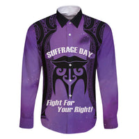 Personalised New Zealand Suffrage Day Family Matching Off Shoulder Short Dress and Hawaiian Shirt Maori Tattoo Galaxy Vibe LT14 Dad's Shirt - Long Sleeve Purple - Polynesian Pride